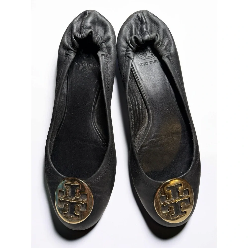 Tory Burch Reva Ballet Flats Gold Medallion Black Leather Comfy Stretch Size 10